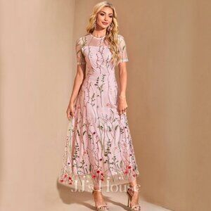 NWT Special occasion floral A-line midi dress with sleeves, pink, US size S